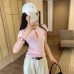 Solid Pink Round Neck Knit Short Sleeve Top for Women