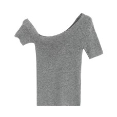Style Gray Asymmetric Shoulder Wool Knit Short Sleeve Top