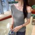 Style Gray Asymmetric Shoulder Wool Knit Short Sleeve Top