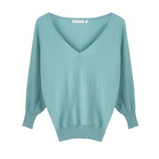 Deep V-Neck Loose Mid-Sleeve Knit Top Slim-Fitting Women's Tops