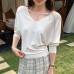 Deep V-Neck Loose Mid-Sleeve Knit Top Slim-Fitting Women's Tops
