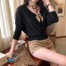 Deep V-Neck Loose Mid-Sleeve Knit Top Slim-Fitting Women's Tops