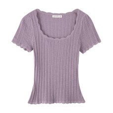 Lace Trim Deep U-Neck Knit Short Sleeve Top for Women
