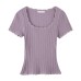 Lace Trim Deep U-Neck Knit Short Sleeve Top for Women