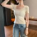 Lace Trim Deep U-Neck Knit Short Sleeve Top for Women