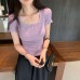 Lace Trim Deep U-Neck Knit Short Sleeve Top for Women