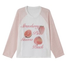 Fruit Print Cap Sleeve V-Neck Cover-Up, Loose Slimming Color-Blocking Sun Protection Long Sleeve Top