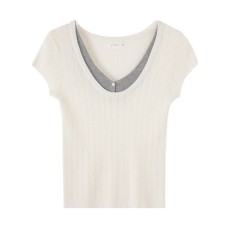 Stylish Color-blocked Knit Top for Women with V-neck, Short Sleeve