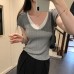Stylish Color-blocked Knit Top for Women with V-neck, Short Sleeve