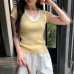 Stylish Color-blocked Knit Top for Women with V-neck, Short Sleeve