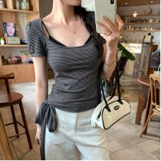 Stripe Short Sleeve Square Neckline T-Shirt Stripe Short Sleeve Square Neckline T-Shirt