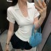 Pink V-Neck Regular Shoulder Slim Fit Short Sleeve T-Shirt Pink V-Neck Regular Shoulder Slim Fit Short Sleeve T-Shirt