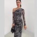 Asymmetrical neckline waist-cinching,leopard print long sleeve spring, long elegant dress,