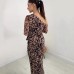 Asymmetrical neckline waist-cinching,leopard print long sleeve spring, long elegant dress,