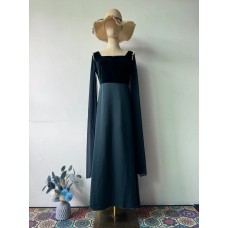 Elegant Satin Flowy Long Pearl-Embellished Flared Sleeve Patchwork Slim Fit Dress