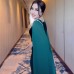 Elegant Satin Flowy Long Pearl-Embellished Flared Sleeve Patchwork Slim Fit Dress Elegant Satin Flowy Long Pearl-Embellished Flared Sleeve Patchwork Slim Fit Dress