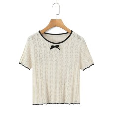 Lace Crochet Colorblock Round Neck Bow Knit Top
