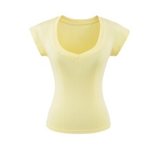 Sheer V-Neck, Heart Neckline, Short Sleeve Fitted Stretchy Solid Color Top for Women