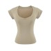 Sheer V-Neck, Heart Neckline, Short Sleeve Fitted Stretchy Solid Color Top for Women