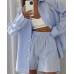 Casual Stripe Long Sleeve Shirt and Shorts Two-Piece Set, Loose High-Waisted Shorts Outfit, Cotton Fabric