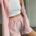 Casual Stripe Long Sleeve Shirt and Shorts Two-Piece Set, Loose High-Waisted Shorts Outfit, Cotton Fabric