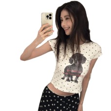 Women's dog print polka dot regular shoulder top Women's dog print polka dot regular shoulder top