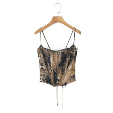 Spicy girl leopard print gold satin fishbone suspender top