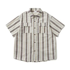 Striped Pocket Spliced Loose Short Sleeve Work Shirt