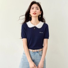 Cute and Sweet Style Peter Pan Collar Short-sleeve Knit Top for Women