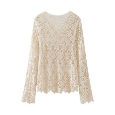 Knitted Crop Top for Women, Hollow-Out Design, Loose Long Sleeve,