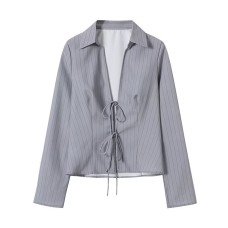 Striped versatile shirt collar tied top