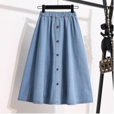 Summer New Buttoned Elastic Street Style Water Blue Student Denim Skirt Uniform Midi Skirt Summer New Buttoned Elastic Street Style Water Blue Student Denim Skirt Uniform Midi Skirt