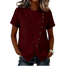Solid color cross round neck short sleeved loose irregular top