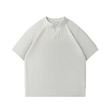 Striped Textured V-Neck Short Sleeve Knitwear for Men, Vintage Luxury Style, Breathable and Stretchy