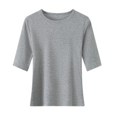 Color Round Neck Mid-Sleeve Crop Top with U-Neck and Waist-Cinching Short Sleeve Top