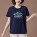 Embroidered printed round neck short sleeved top for women
