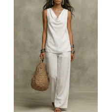 New Women's Fashion Casual Set, Pure Color V-Neck Top Outfit for Market