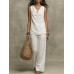 New Women's Fashion Casual Set, Pure Color V-Neck Top Outfit for Market