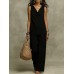 New Women's Fashion Casual Set, Pure Color V-Neck Top Outfit for Market