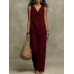 New Women's Fashion Casual Set, Pure Color V-Neck Top Outfit for Market