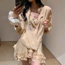 Retro V-Neck Shirt with Romantic Ruffled Skirt Three-Piece Set