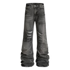 Stacked wrinkled ripped denim bell bottoms