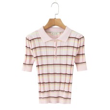 Street short sleeved polo collar striped knit top Street short sleeved polo collar striped knit top