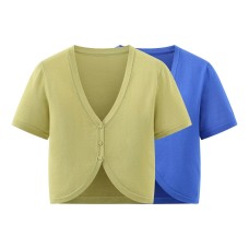 Short sleeved V-neck casual short knitted top