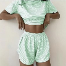 Casual Home Wear Set for Women, Simple Color-Blocked Stripe, Lightweight Round Neck, Loose and Comfortable