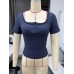 Fashionable Slim Fit Short Sleeve Top for Women with Lace Trim and Button V-Neck