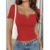 Fashionable Slim Fit Short Sleeve Top for Women with Lace Trim and Button V-Neck