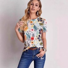 Fashionable Casual Floral Printed Round Neck Short Sleeve Top for Women