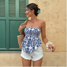 Summer Beach Printed Strapless Backless Crop Top with Ruffled Hem and Waist-Cinching Design for Women
