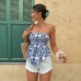 Summer Beach Printed Strapless Backless Crop Top with Ruffled Hem and Waist-Cinching Design for Women